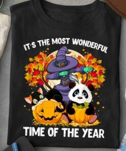 It’s The Most Wonderful Time Of The Year Halloween Panda Cat Witch Pumpkin Maple Leaves Shirt